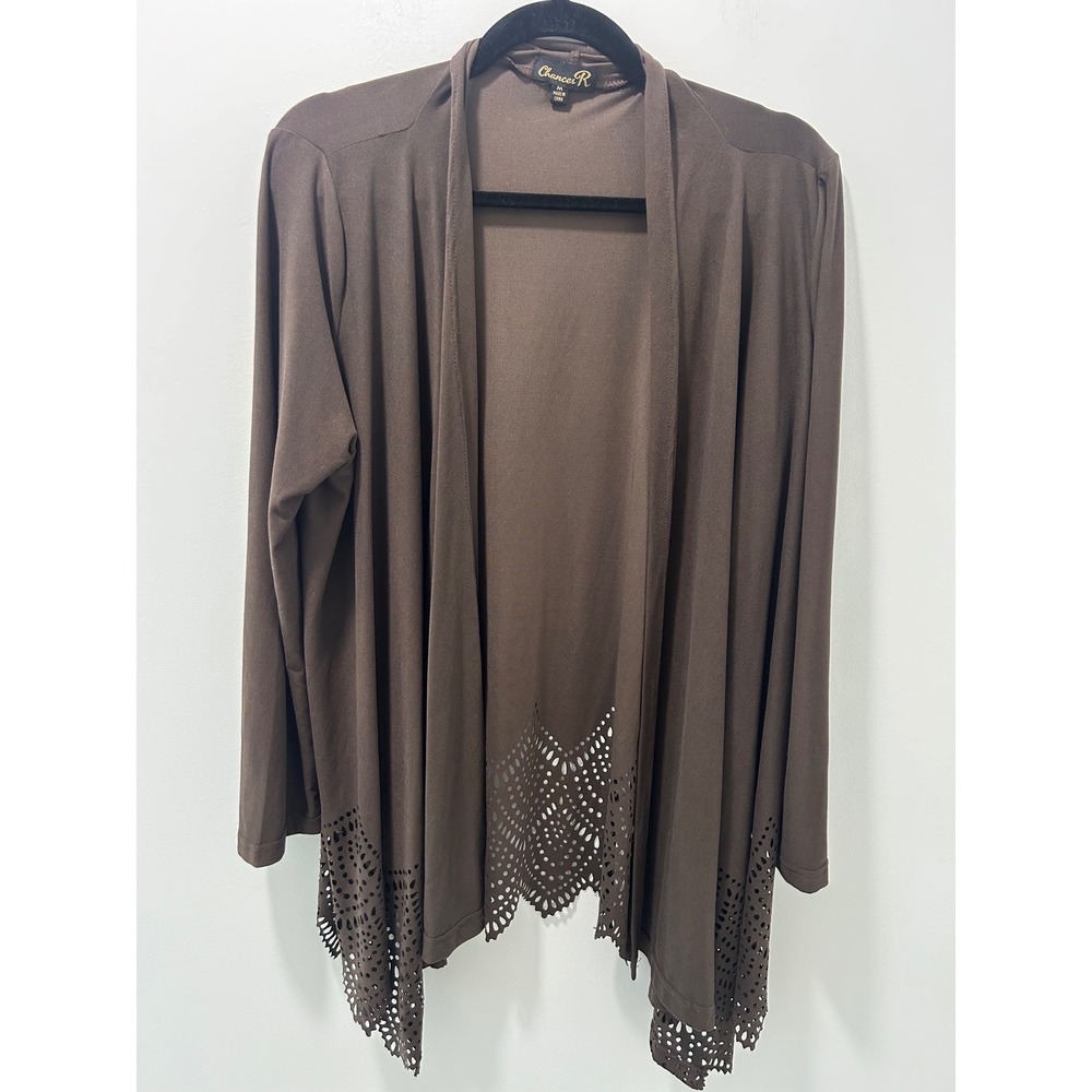Chances R Brown Open Front Cardigan Laser Cut Eyelet Hem Long Sleeve Medium
